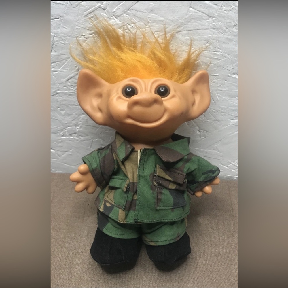 Vintage Uneeda Doll 8" Camo Camouflage Military Soldier Troll Doll Orange Hair